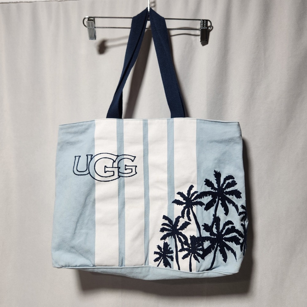 UGG Canvas Tote Bag Light Blue White Striped Palm Tree Beach Travel Bag‎ Large - Picture 2 of 7
